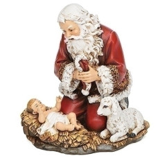 Kneeling Santa Holding Hat with Baby and Lamb - SOLD OUT